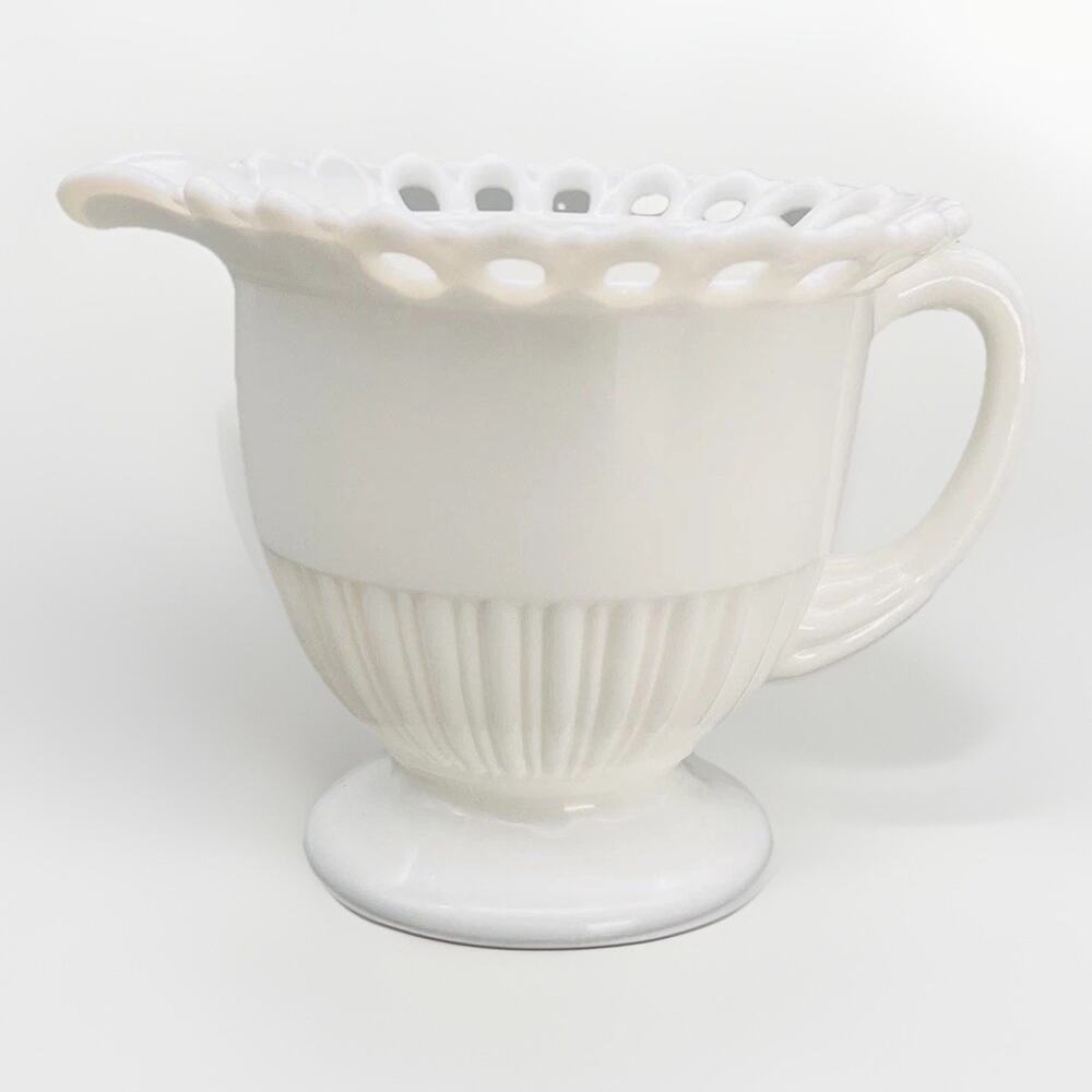 Vintage Fostoria Randolph White Milk Glass Creamer Pitcher Open Lace Top 4.5"